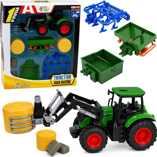 Set agricolo: trattore con caricatore frontale e pinza per balle 1:24