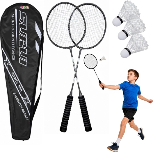 Set da badminton con 2 racchette, 3 volani in plastica e custodia, nero