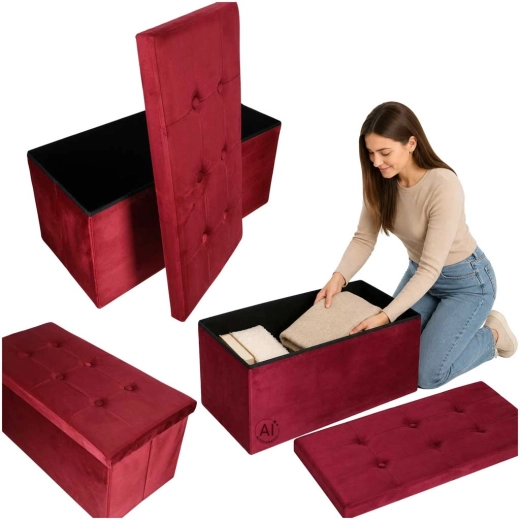Panca/pouf pieghevole in velluto con vano contenitore bordeaux 77 × 38 × 37 cm - 1 pezzo