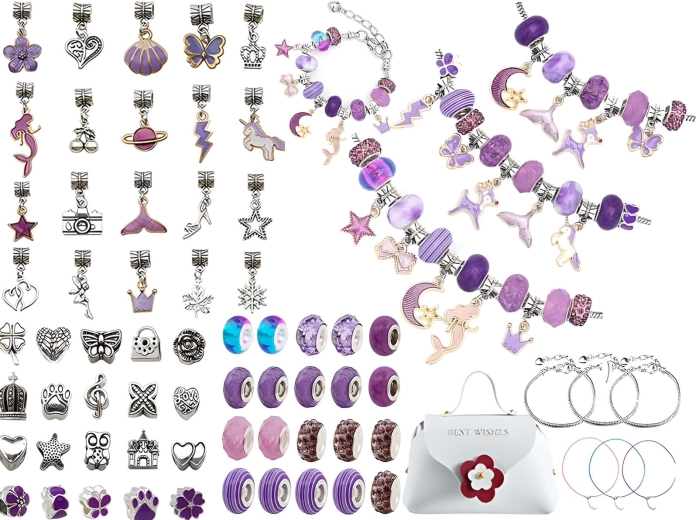 Set per realizzare braccialetti con ciondoli in tonalità viola con beauty case (66 pezzi)