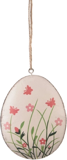 Ovetto pasquale in metallo da appendere, bianco con motivo floreale, 11 cm