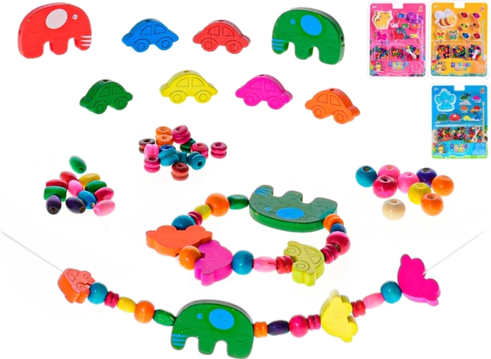 Perline di legno da infilare per bambini – giallo, rosa e blu