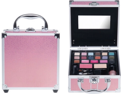 Mini valigetta cosmetica rosa con set trucco