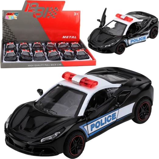Auto sportivo della polizia in metallo 1:43 con meccanismo pull-back, bianco e nero, porte apribili