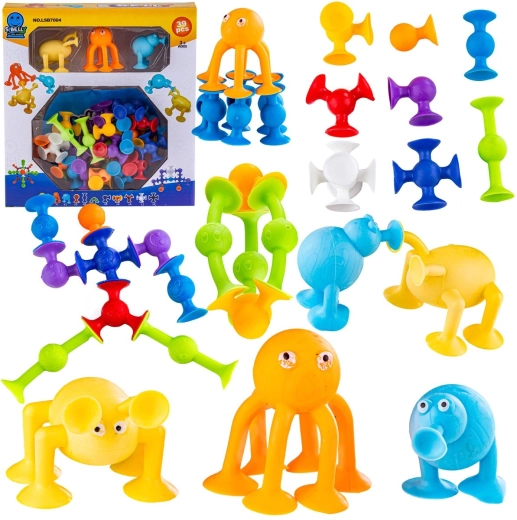 Ventose in silicone da costruzione – pezzi da costruzione colorati con faccine allegre (39 pz)
