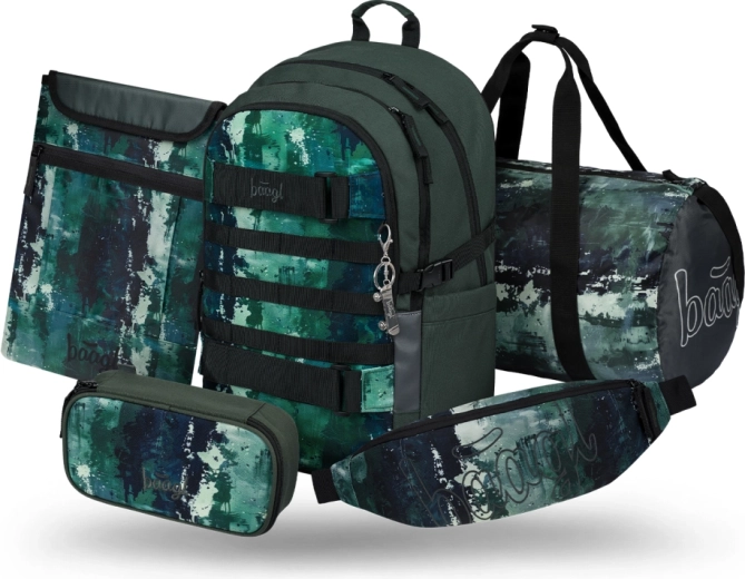 Set Baagl Skate Forest: zaino scolastico, astuccio, borsa sportiva, marsupio e custodia per notebook