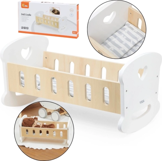 Culla in legno Viga per bambole con biancheria da letto decorata con cuori