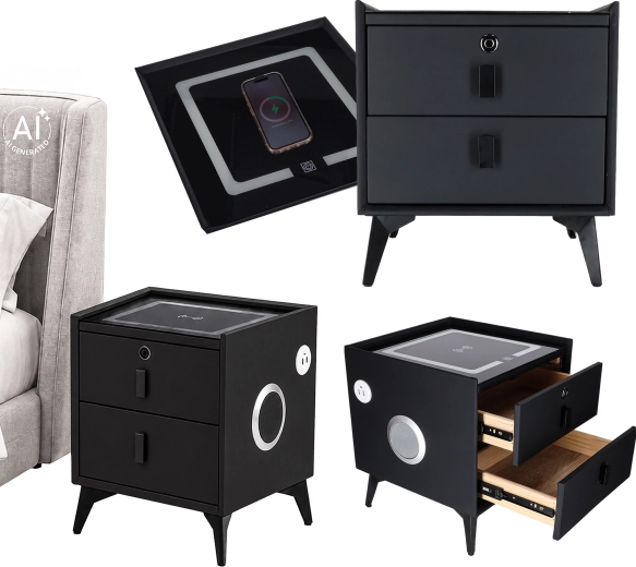 Comodino smart con impronta digitale, ricarica wireless e altoparlanti Bluetooth nero 45 × 40 × 40 cm