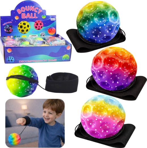 Pallina sensoriale con elastico e braccialetto, arcobaleno, 6 cm