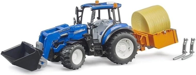 Bruder trattore NEW HOLLAND T5.120 con caricatore frontale, cassone, forche e balla di fieno