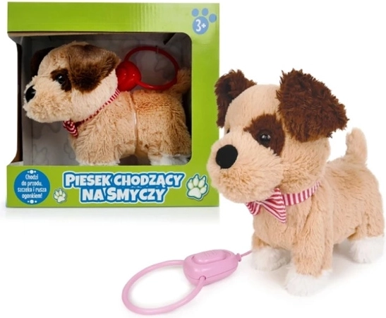 Cagnolino interattivo di peluche che cammina al guinzaglio, marrone con toppa