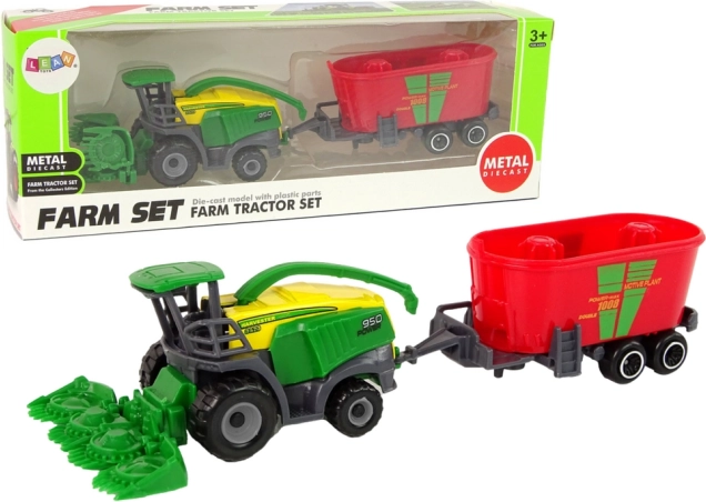 Mietitrebbia con rimorchio – macchina agricola verde‑rossa, giocattolo in plastica