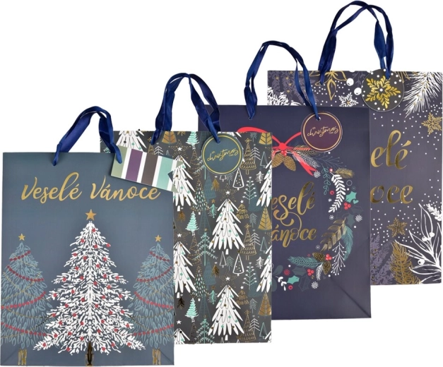 Borsa regalo natalizia in carta blu con trama a righe 26 × 10 × 32 cm (mix 4 motivi)