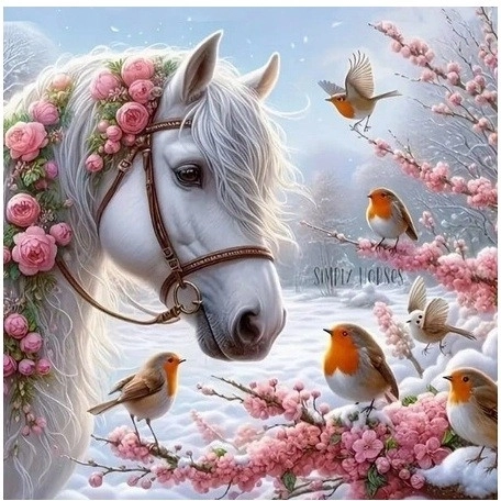 Mosaico di diamanti - Cavallo in inverno con pettirosso