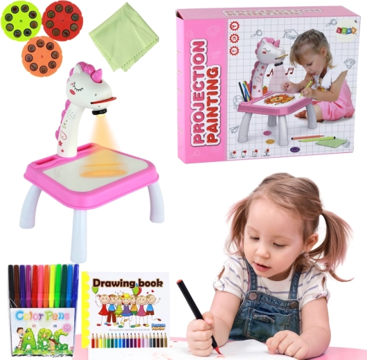 Proiettore per disegnare unicorno – set rosa con pennarelli e dischi