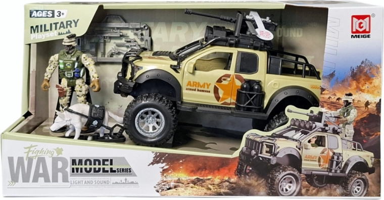 Set da gioco militare con pick-up fuoristrada, soldato e cane