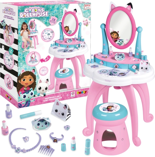 Tavolino da toeletta GABBY’S DOLLHOUSE con sgabello e 12 accessori