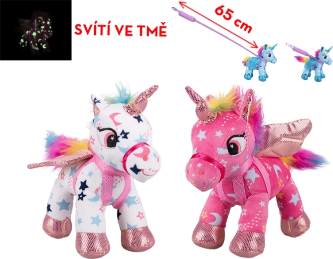 Unicorno di peluche con elementi luminosi e guinzaglio 18 cm