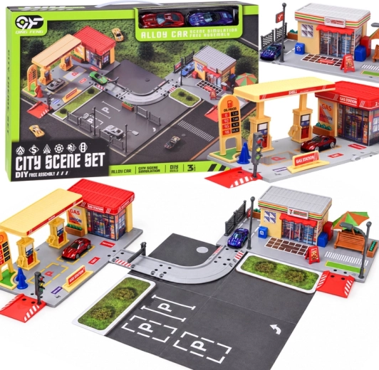 Stazione di servizio per bambini con negozio, strada, parcheggio e 2 automobiline