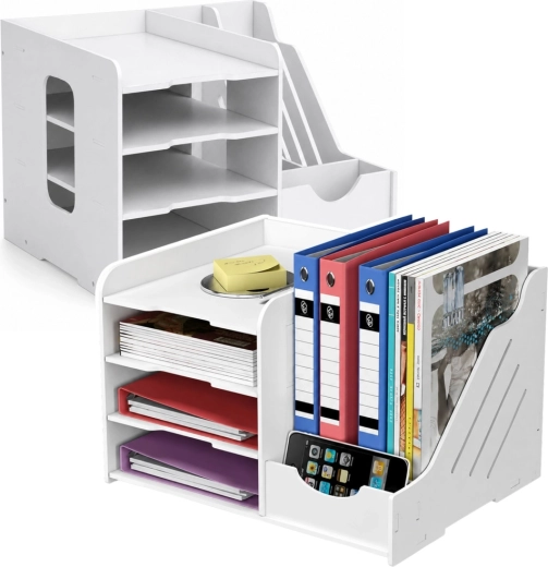 Organizer da scrivania in legno per documenti e raccoglitori, bianco