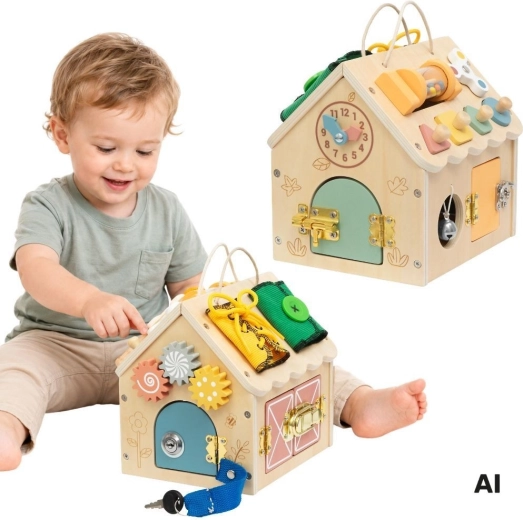 Tooky Toy casetta in legno manipolativa con attività e serrature