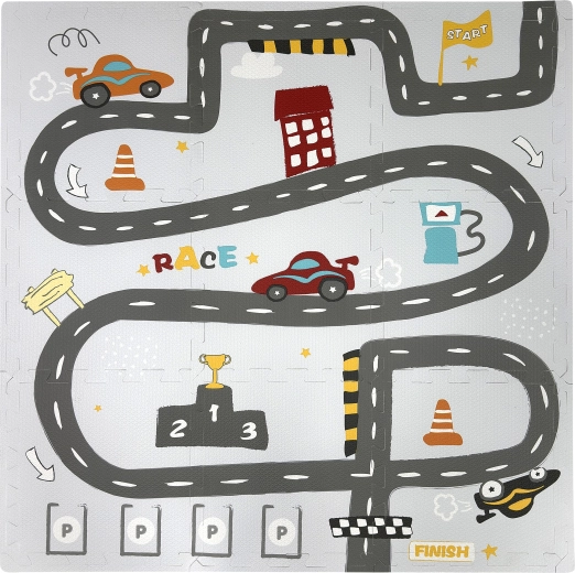 Tappeto puzzle educativo in schiuma Humbi con strade e corse, 9 pezzi