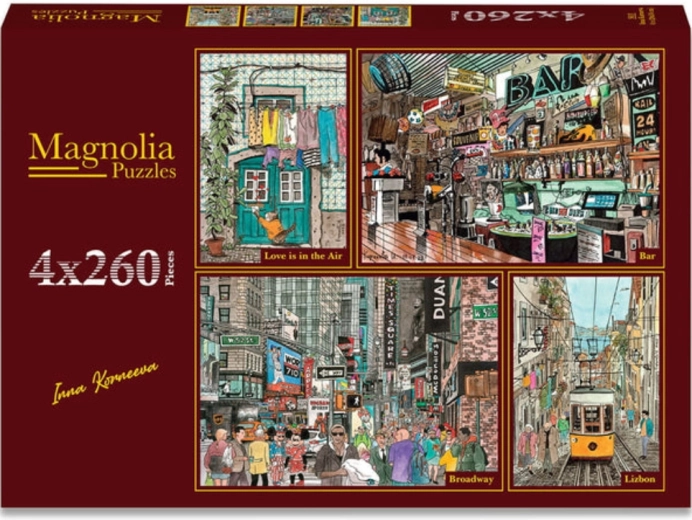 Puzzle Magnolia amore nell’aria, bar retrò, Broadway e vicoli di Lisbona 4×260 pezzi