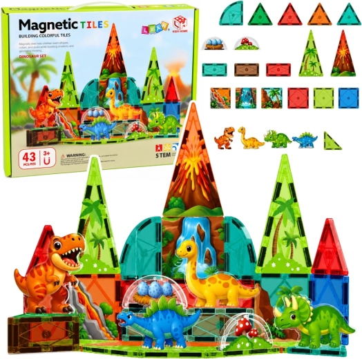 Elementi da costruzione magnetici dinosauri – vulcano, set colorato da 43 pezzi