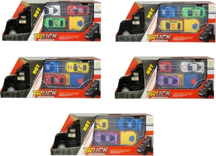Camion in plastica con lanciatore e 3 auto sportive - 1 pezzo