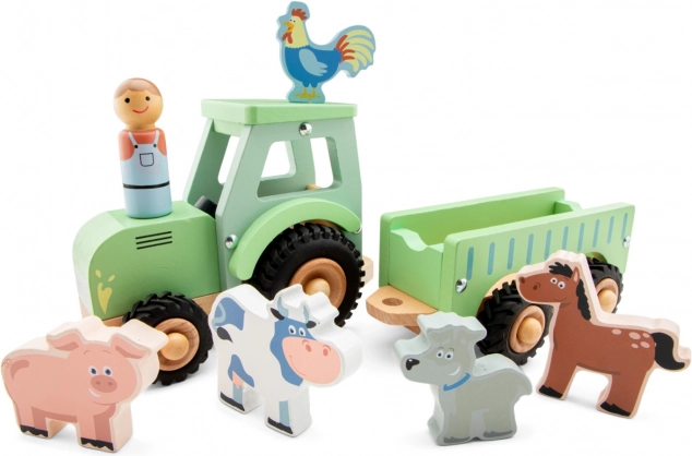 Trattore in legno con rimorchio e animaletti New Classic Toys