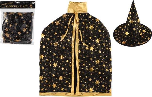 Cappello e mantello da strega/stregone per bambini nero‑oro, diametro 38 cm