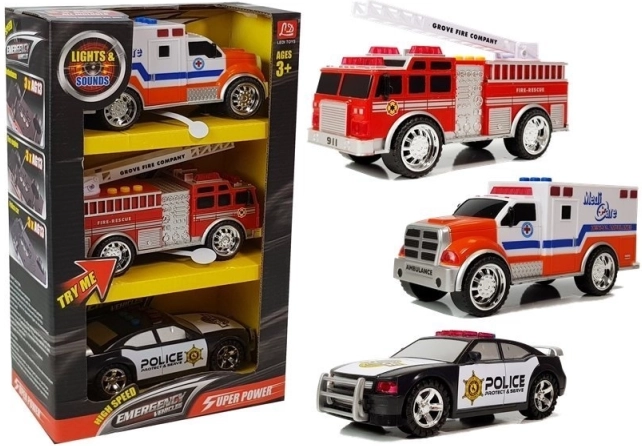 Set di veicoli di soccorso con luci e suoni – polizia, vigili del fuoco e ambulanza
