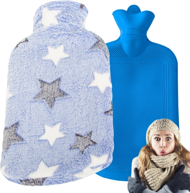 Borsa dell’acqua calda con rivestimento in peluche a stelle, 2 l, blu