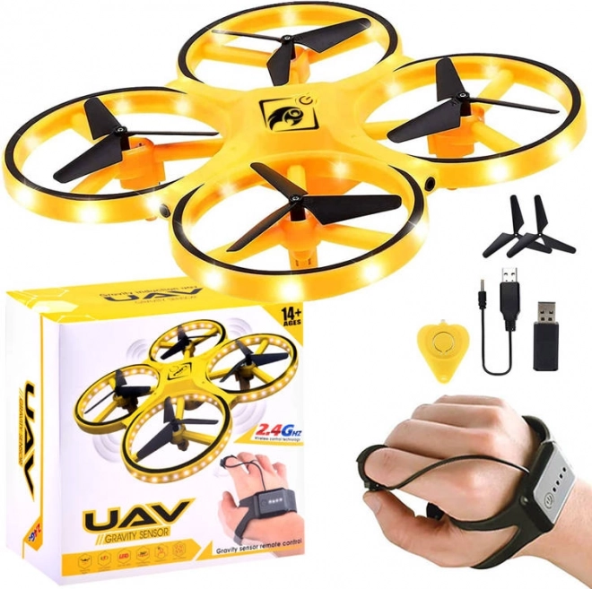 Mini drone controllato tramite gesti con bracciale di controllo e illuminazione a LED – Giallo