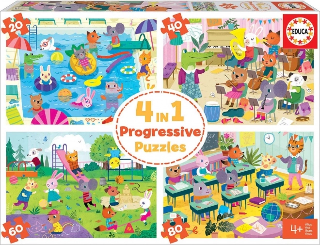 Educa puzzle Una giornata a scuola 4in1 (20–80 pezzi)