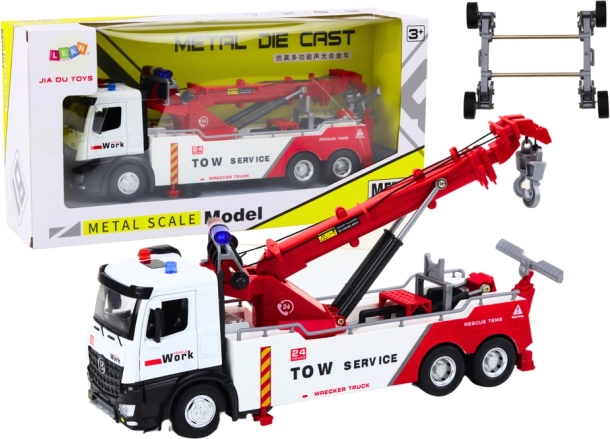 camion di soccorso in metallo con gru a due ganci, luci e suoni, bianco‑rosso
