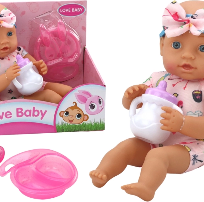 Bambola di stoffa bebè con vestitino rosa con fenicotteri e set per la pappa