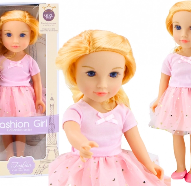 Bambola in abito rosa con gonna in tulle e capelli biondi