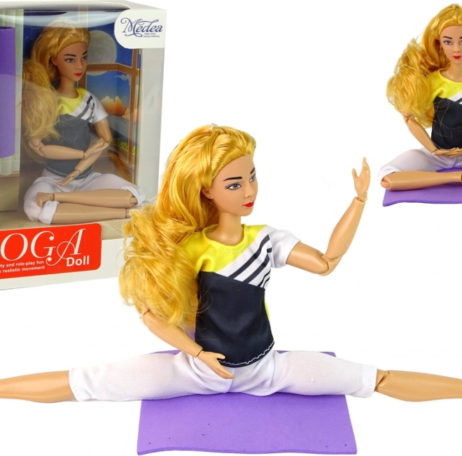 Bambola yogi snodata con lunghi capelli biondi e tappetino