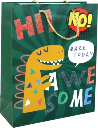Borsa regalo in carta verde con dinosauro 32 × 26 × 10 cm