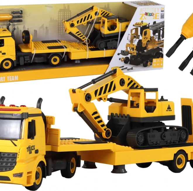 Camion rimorchio pieghevole con escavatore cingolato con luci e suoni – set DIY giallo