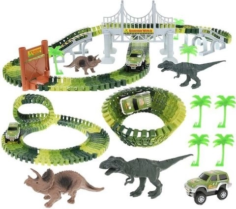 Pista da corsa dei dinosauri con ponte e fuoristrada, 153 pezzi