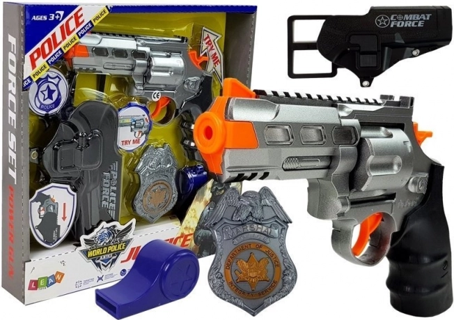 Set di polizia con revolver da 20 cm, distintivo, fondina e fischietto con luce e suono
