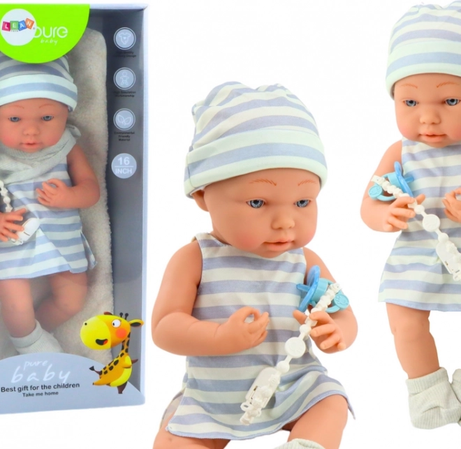 Bambola Neonata in Abito Bianco e Blu con Cappellino e Ciuccio