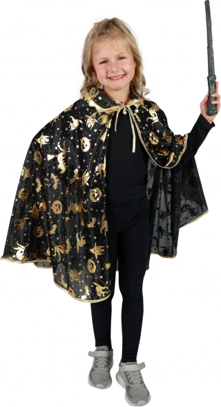 Mantello da strega/stregone per bambini per Halloween, nero con motivi dorati
