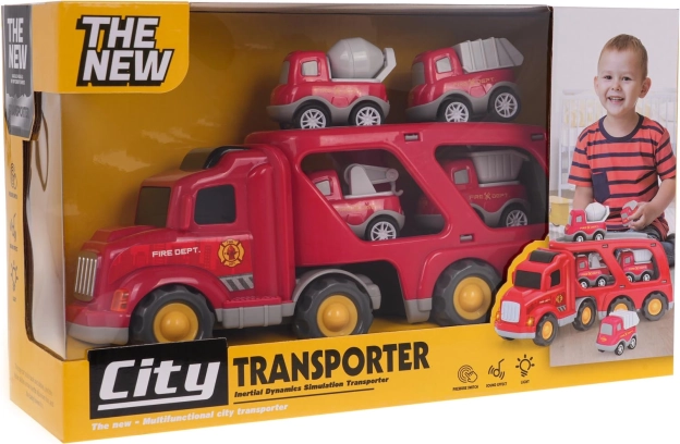 Set di veicoli dei pompieri con camion trasportatore e 4 macchinine con luci e suoni