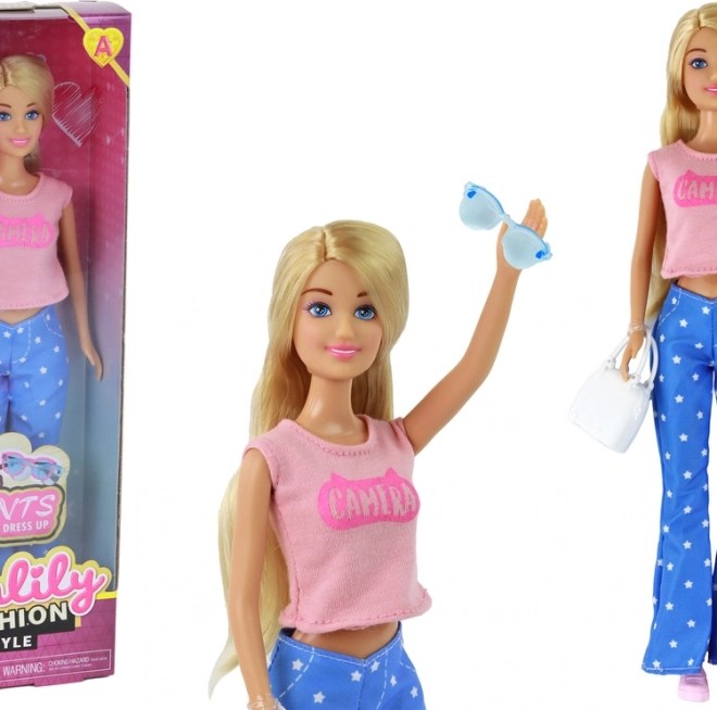 Baby Doll Anlily Capelli lunghi biondi Borsetta Occhiali Camicetta – camicetta rosa