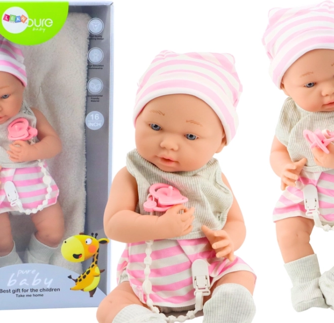Bambola Neonata in Abito Bianco e Rosa con Cappello e Ciuccio