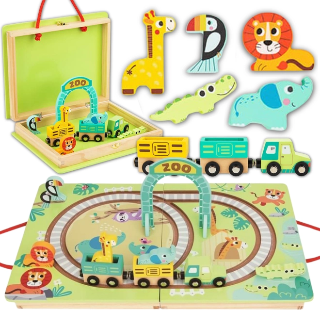 Tooky Toy set ferroviario in legno ZOO in valigetta con vagoni magnetici
