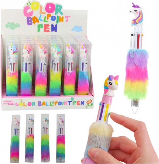 Penna multicolore per scuola e ufficio con unicorno e morbida pelliccia colorata